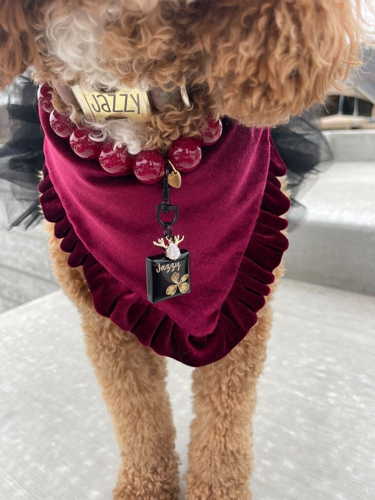 New! Velvet Burgundy with ruffles Dog bandana, Fancy bandana, Snap on Bandana, Matching hair-bow, Bow and Bandana, Christmas bandana