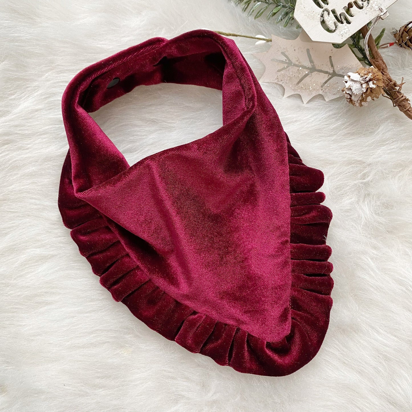 New! Velvet Burgundy with ruffles Dog bandana, Fancy bandana, Snap on Bandana, Matching hair-bow, Bow and Bandana, Christmas bandana