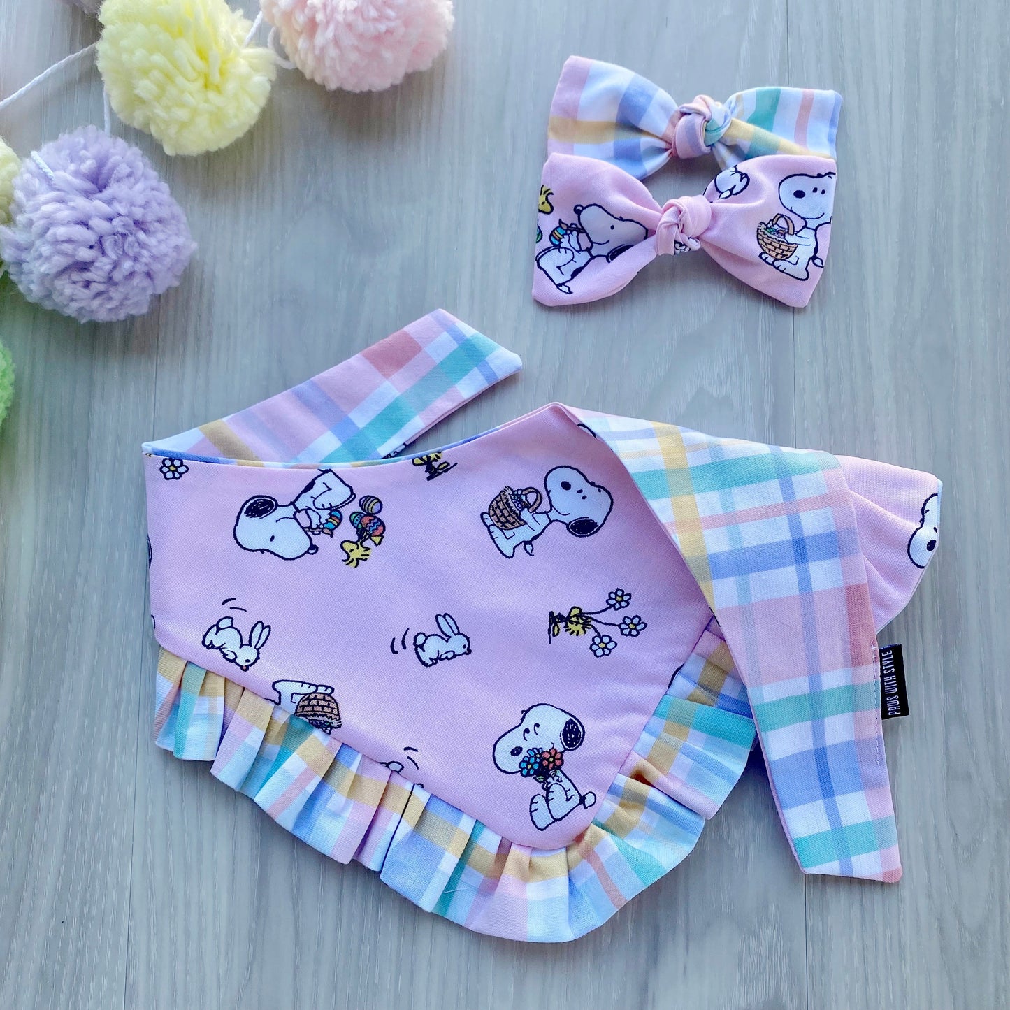 Easter Dog bandana with ruffles, Snap on Bandana, Matching hair-bow, Bow and Bandana, Peanut bandana, Plaid bandana