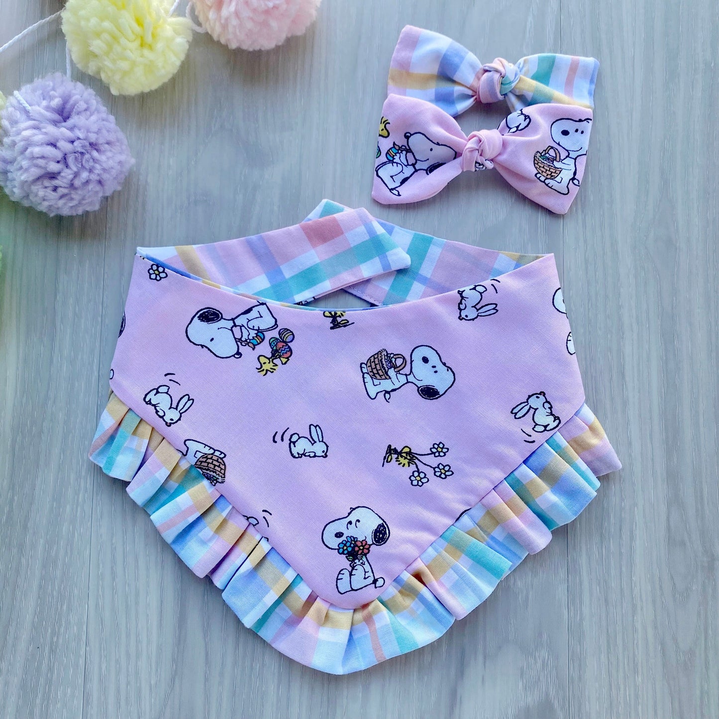 Easter Dog bandana with ruffles, Snap on Bandana, Matching hair-bow, Bow and Bandana, Peanut bandana, Plaid bandana