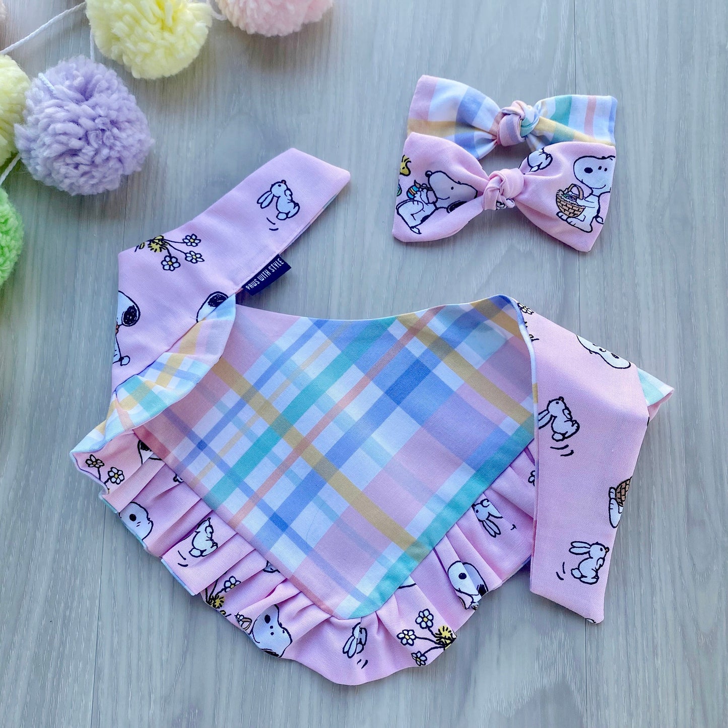 Easter Dog bandana with ruffles, Snap on Bandana, Matching hair-bow, Bow and Bandana, Peanut bandana, Plaid bandana