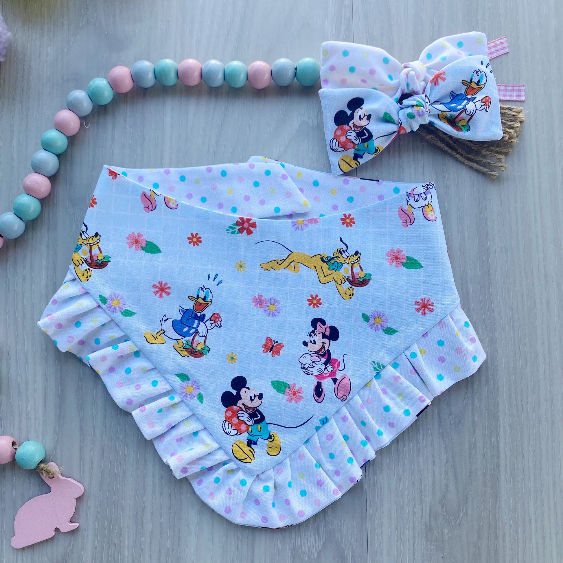 Easter Dog bandana with ruffles, flowers and friends, Snap on Bandana, Matching hair-bow, Bow and Bandana, Floral bandana