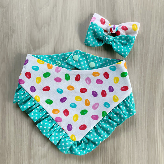 Easter Dog bandana with ruffles, Jelly beans, Snap on Bandana, Matching hair-bow, Bow and Bandana, Floral bandana