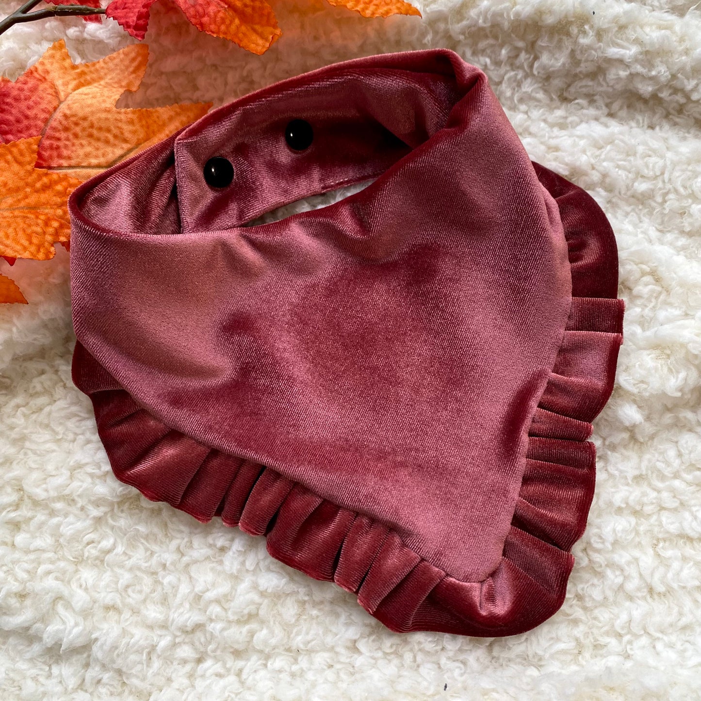 New! Mauve Velvet with ruffles Dog bandana, Fancy bandana, Snap on Bandana, Matching hair-bow, Bow and Bandana, fall dog bandanas