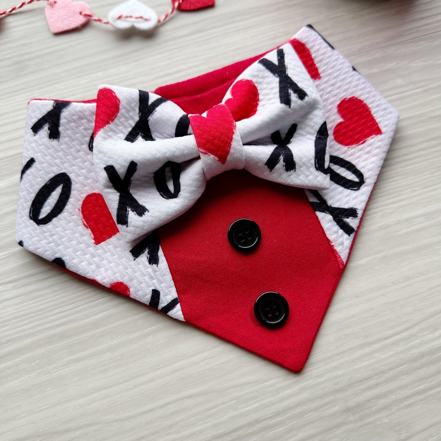 XoXo Tuxedo dog bandana, Valentines Day bandana with bowtie, Dog bandana with Snaps, Pet scarf gift, dog scarf, Dog Bowtie,