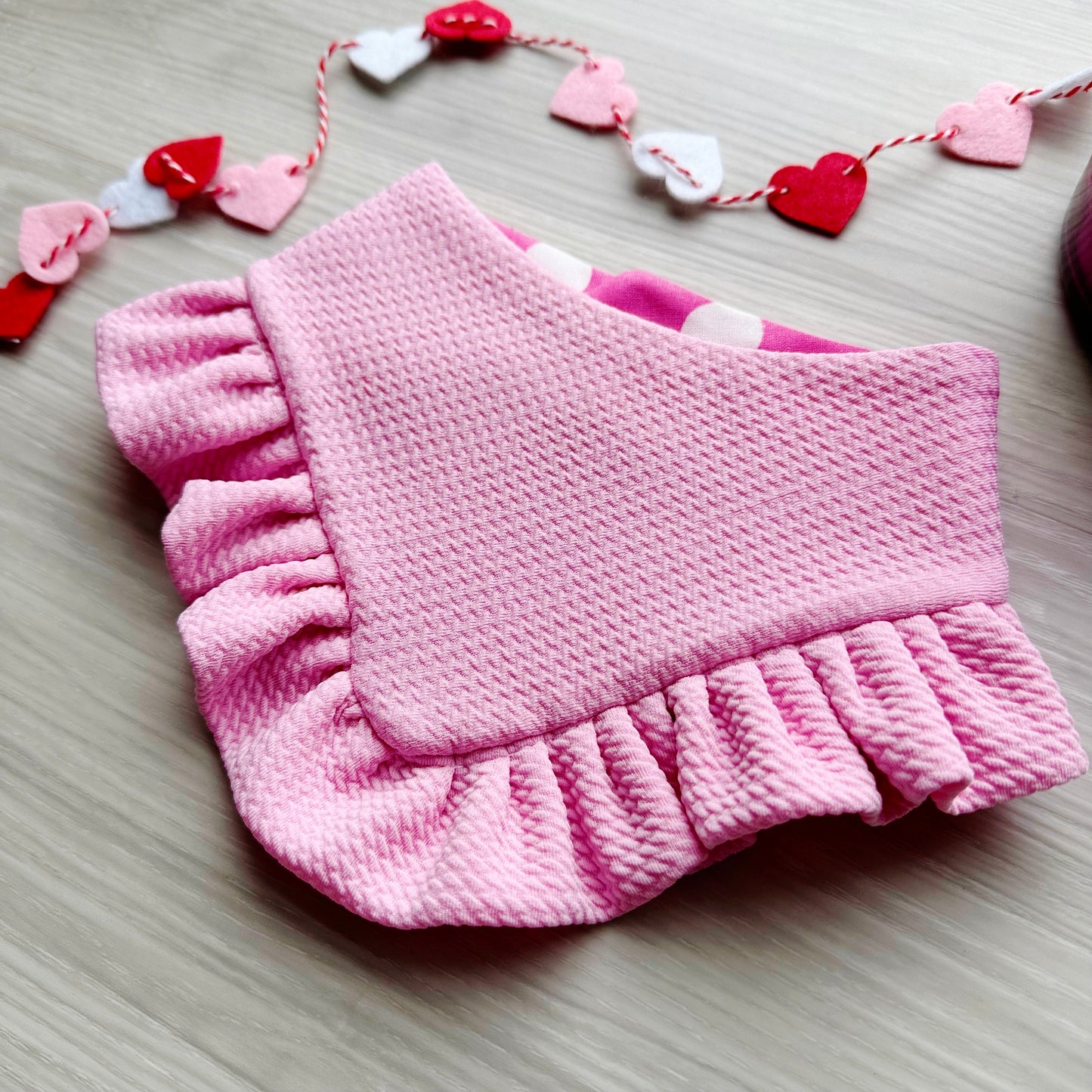 Pink Valentines Dog bandana with ruffles, Snap on Bandana, Matching hair-bow, Bow and Bandana, Xoxo bandana