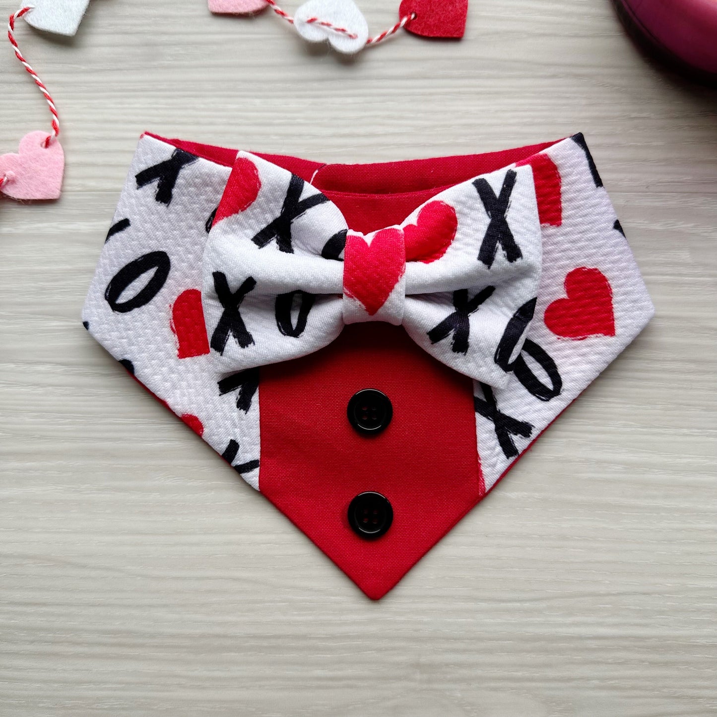 XoXo Tuxedo dog bandana, Valentines Day bandana with bowtie, Dog bandana with Snaps, Pet scarf gift, dog scarf, Dog Bowtie,