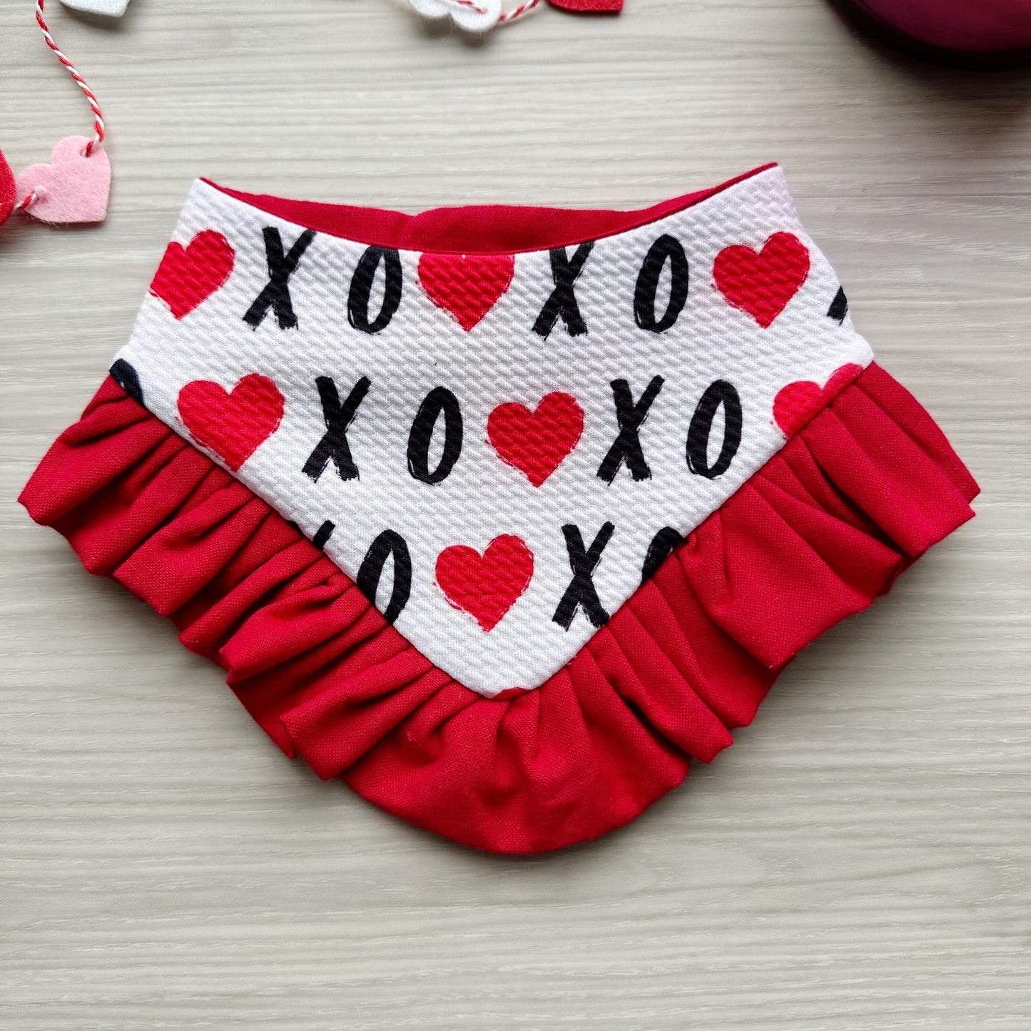 XoXo Valentines dog bandana with ruffles, Snap on Bandana, Matching hair-bow, Bow and Bandana, Xoxo bandana