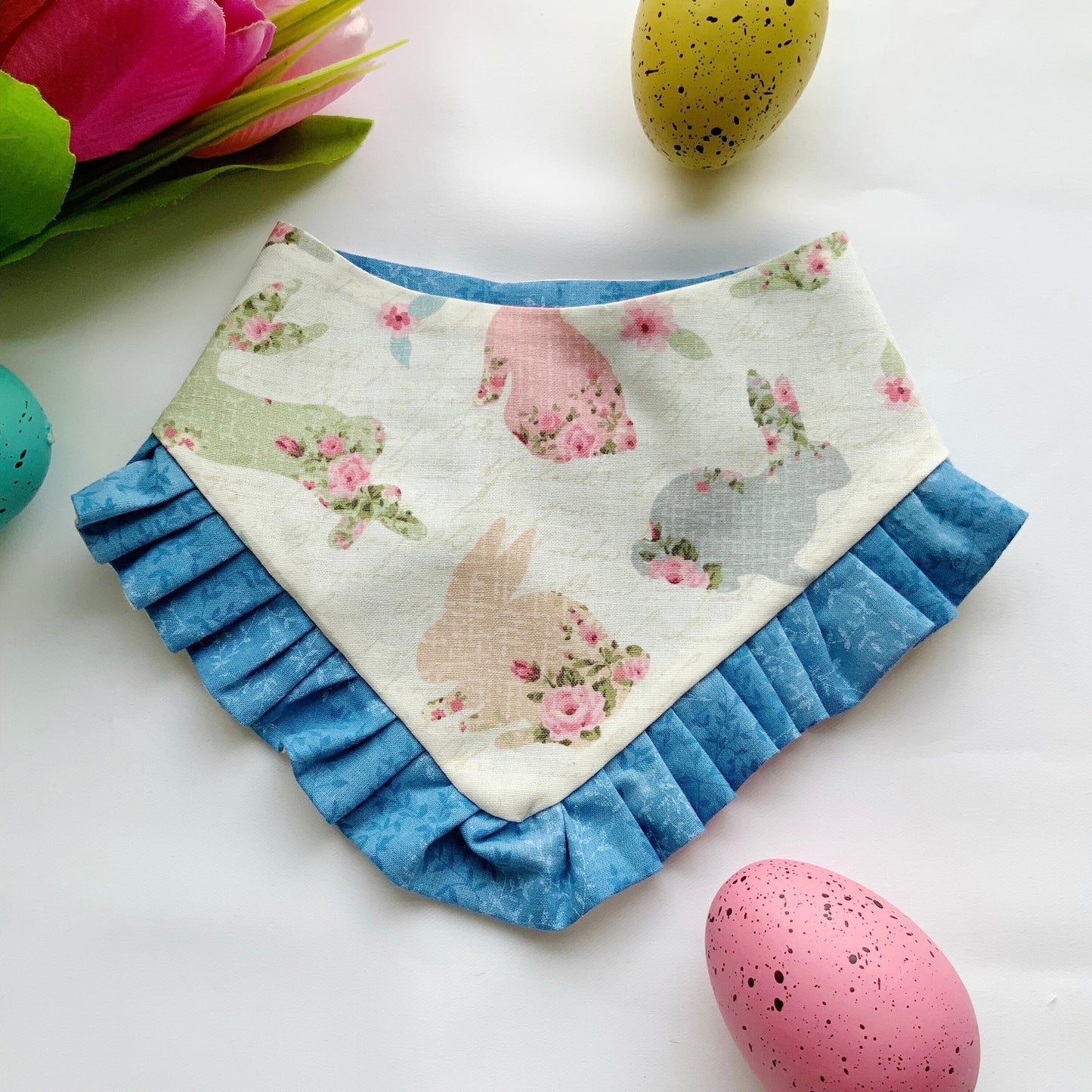 Easter Dog bandana with ruffles, Baby chics and eggs, Snap on Bandana, Matching hair-bow, Bow and Bandana, Purple bandana