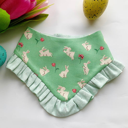 Easter Dog bandana with ruffles, Tiny bunnies, Snap on Bandana, Matching hair-bow, Bow and Bandana, Purple bandana