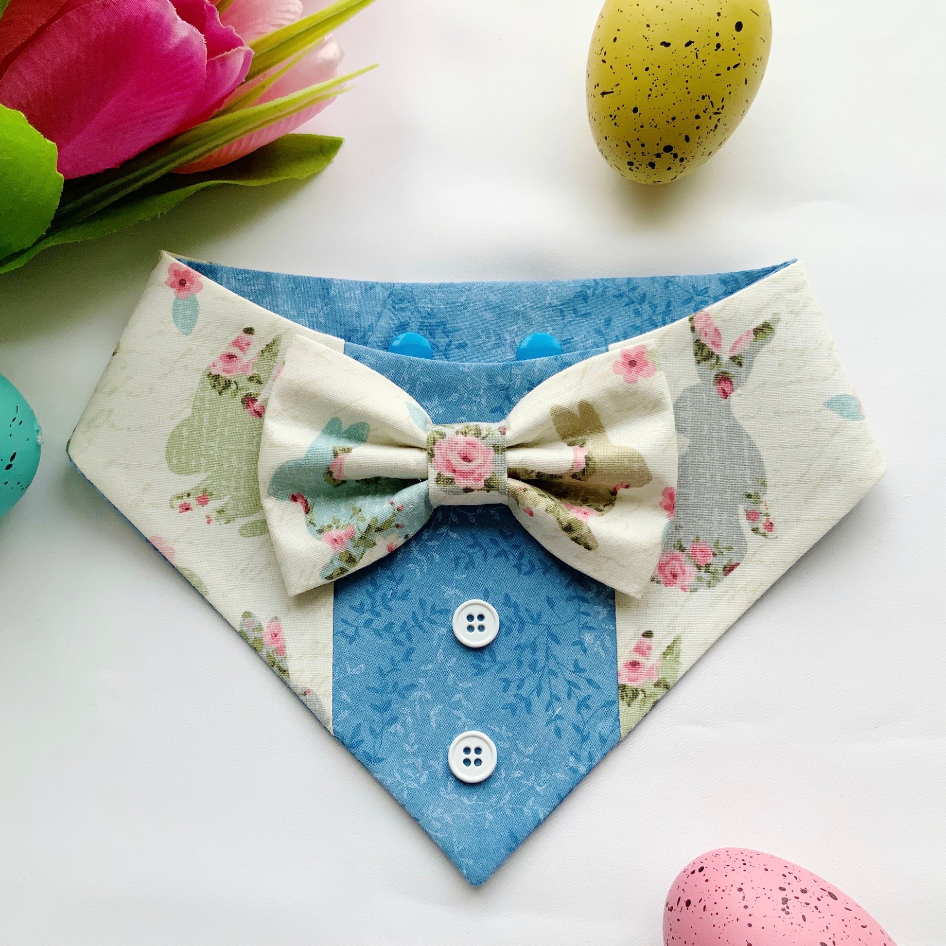 Easter Dog Tuxedo Bandana, Blue and bunnies , Bandana with bow tie for dogs, Easter cute dog boy accessories