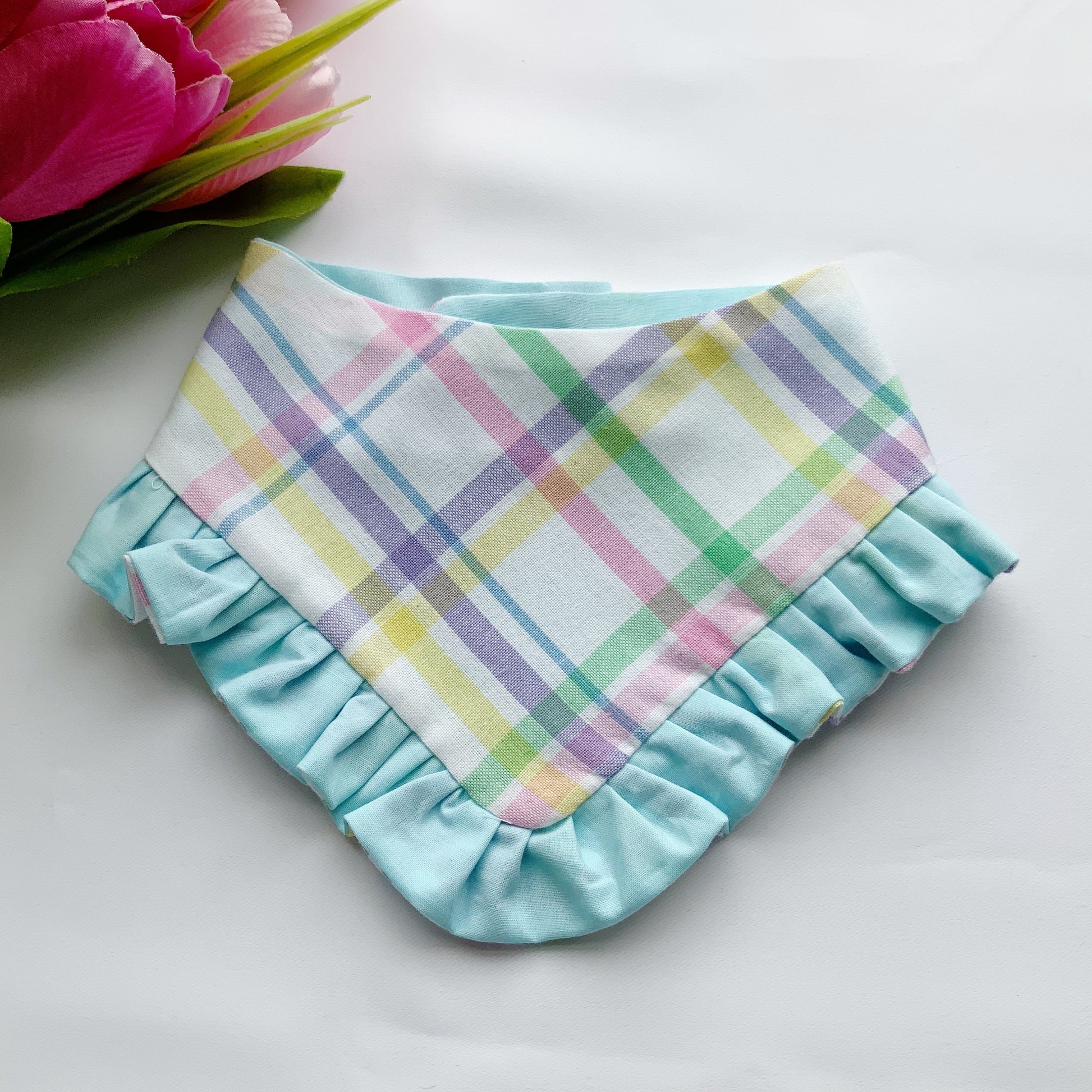 Spring Dog bandana with ruffles, Plaid blue, Snap on Bandana, Matching hair-bow, Bow and Bandana,