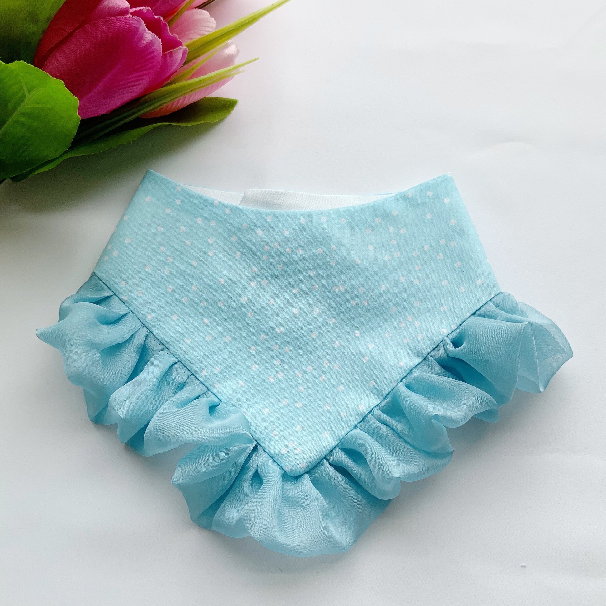 Spring Dog bandana with ruffles, Blue polka dot, Snap on Bandana, Matching hair-bow, Bow and Bandana,